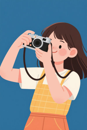 Girl taking photos with cameraの素材