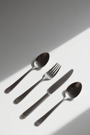 Stainless steel cutlery set on white backgroundの素材