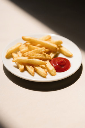 French fries and ketchup on a white plateの素材