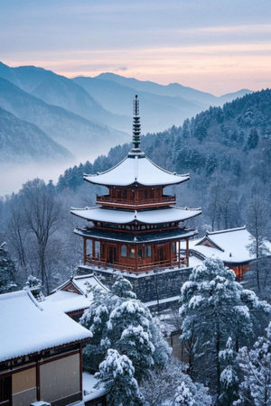 Scenery of ancient buildings in the mountains behind the snowの素材