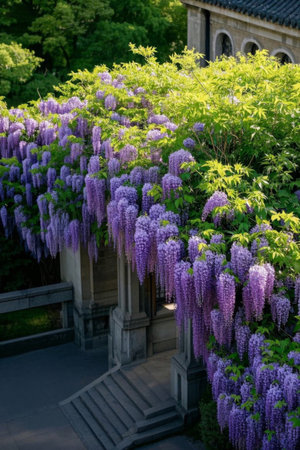 Purple vines and flowers blooming next to the ancient buildingの素材