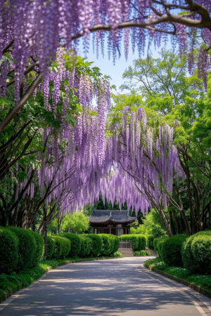 Landscape of a garden path under wisteria flowersの素材