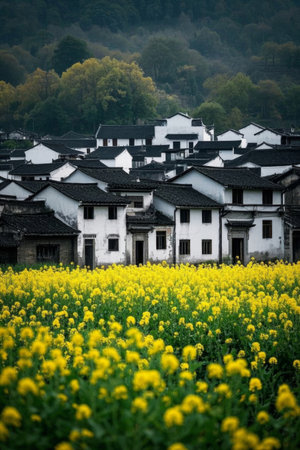 White walled, black tiled houses next to rapeseed fields in rural areasの素材