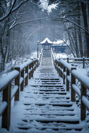 Snow covered wooden steps in the forest after the snowの素材