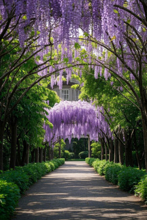 Shaded path under wisteria flowersの素材