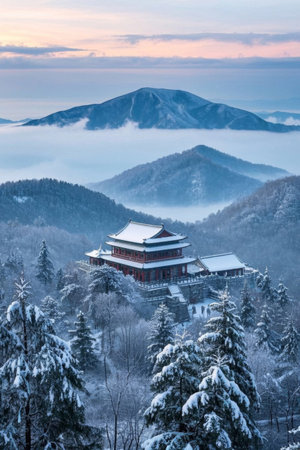 Ancient buildings and sea of clouds in the mountains behind the snowの素材