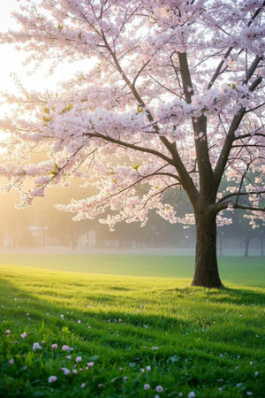 Cherry blossoms in full bloom in spring meadowsの素材