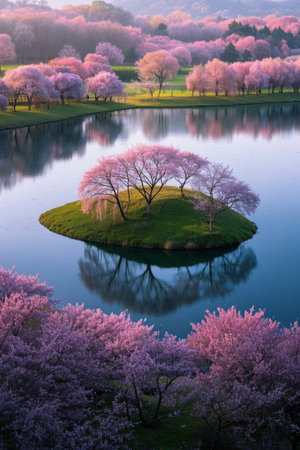 The cherry blossom forest blooming by the lake is a natural sceneryの素材