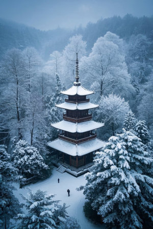Pagoda view on snowy mountainの素材
