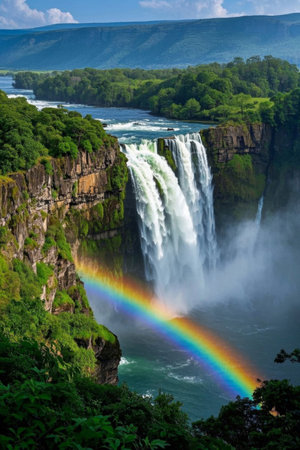 Magnificent waterfalls and rainbow natural sceneryの素材