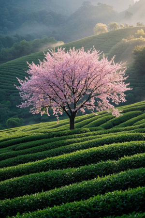 Pink cherry trees in bloom in the tea gardenの素材