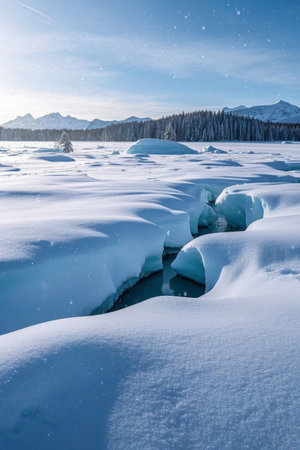 Snow covered landscape under the snow capped mountains in winterの素材