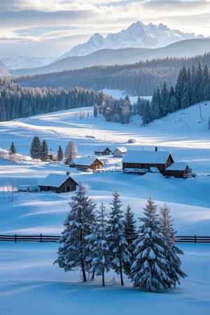 Snow Mountain Village and Forest Landscapeの素材