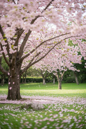 Cherry blossom trees in bloom in the parkの素材