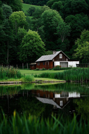 View of a wooden house in a lakeside forestの素材
