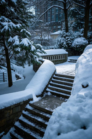 Snow covered forest stone stepsの素材