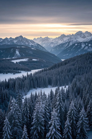 Winter forest landscape under the snow capped mountainsの素材