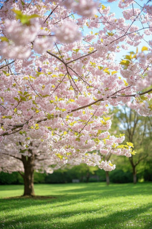 Blooming cherry trees and green landscapesの素材