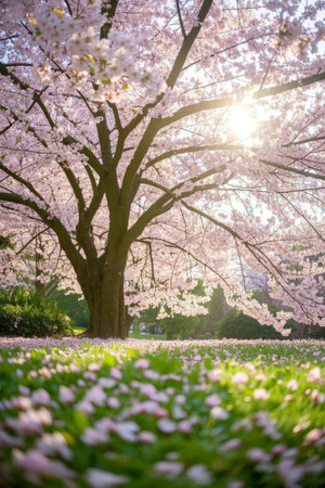 Cherry blossoms and meadows in springの素材
