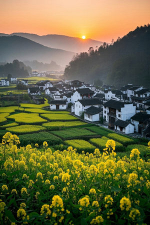 Sunrise in the mountain village, rapeseed fieldsの素材