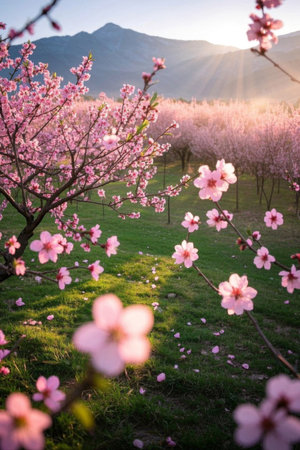 Spring peach forest and sea of flowersの素材