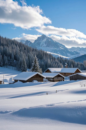 Mountain cabins and forest landscape behind the snowの素材
