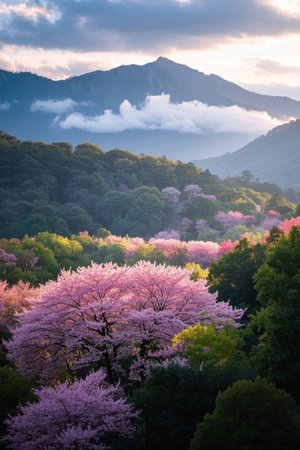 Pink cherry blossom forest in bloom in the mountainsの素材