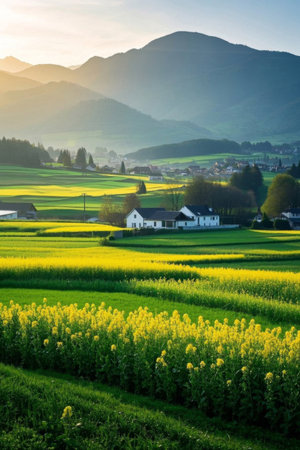 Pastoral scenery of rapeseed flowers and distant mountainsの素材