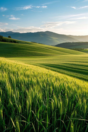 Green wheat fields and distant mountain natural sceneryの素材
