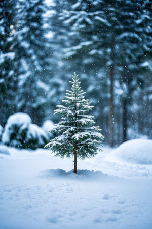 Little pine trees in the snowy forestの素材
