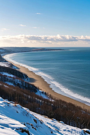 Winter snow covered beaches and ocean viewsの素材