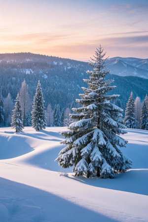 Winter snow covered mountain forest sceneryの素材