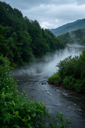 Forest and river natural scenery in the rainの素材