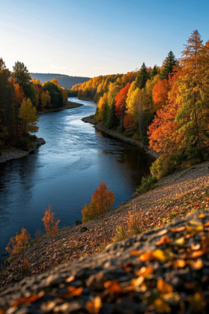 Colorful forest scenery along the river in autumnの素材