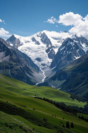 Green valley scenery at the foot of the mountainsの素材
