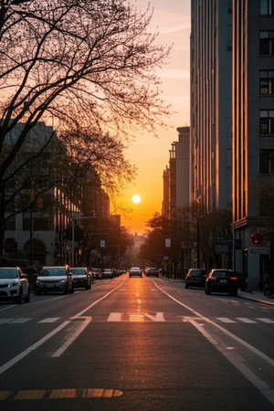 City streets at sunsetの素材