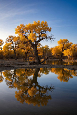The beautiful reflection of the poplar forest by the water in autumnの素材
