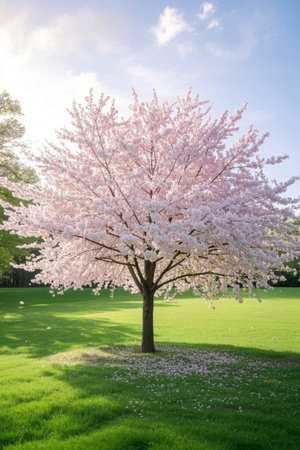 Pink cherry trees blooming on the grassの素材