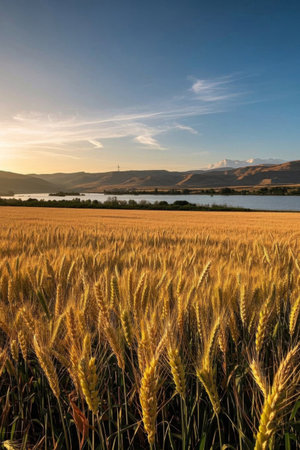 Wheat fields and natural scenery and distant landscapeの素材