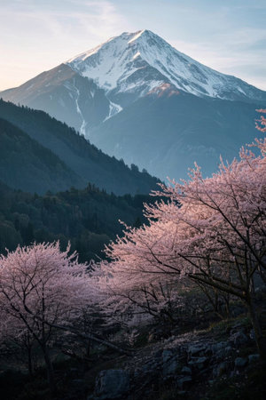 Cherry blossoms in full bloom at the foot of Mount Fujiの素材