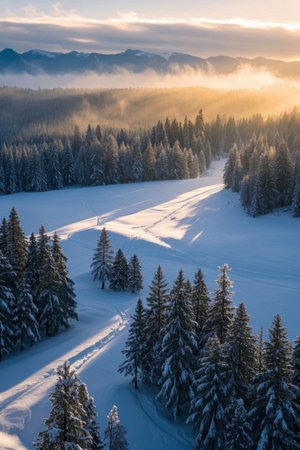Panoramic view of sunrise in the snow forest in winterの素材
