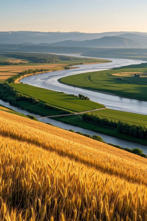 Natural scenery of winding rivers among fieldsの素材