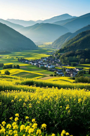 Mountain rapeseed fields and village sceneryの素材