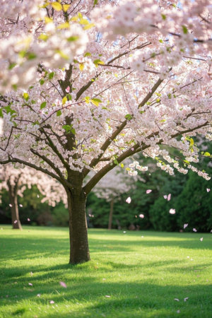 Cherry blossom trees in full bloom and falling petalsの素材