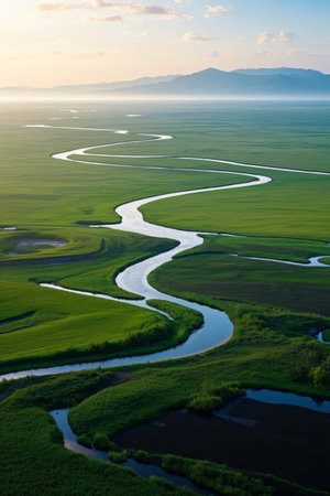 Grassland winding river natural sceneryの素材