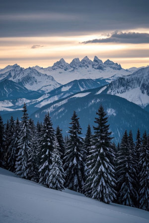 Snow covered forest landscape under snow capped mountainsの素材