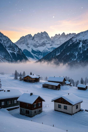 Mountain villages covered with snow under the snow capped mountainsの素材