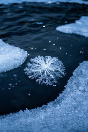 Close up of snowflakes and ice on the waterの素材
