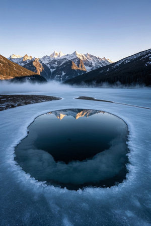 Ice covered lake landscape at the foot of the snow capped mountainsの素材