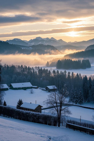 Village scenery in the mountains behind the snowの素材